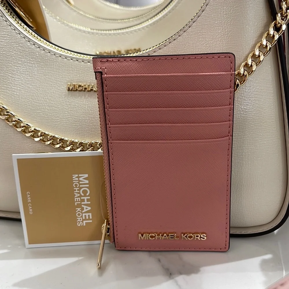 MICHAEL KORS Jet Set Travel Medium Top Zip Leather Card Case Wallet Primrose NWT